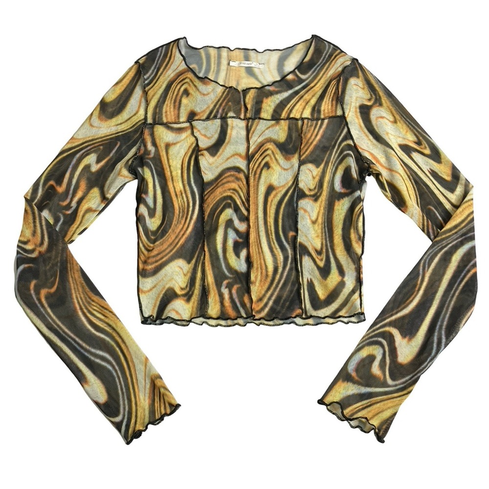 Timing Mesh Crop Top Womens M Sheer Swirl Lettuce Hem Y2K Festival Streetwear